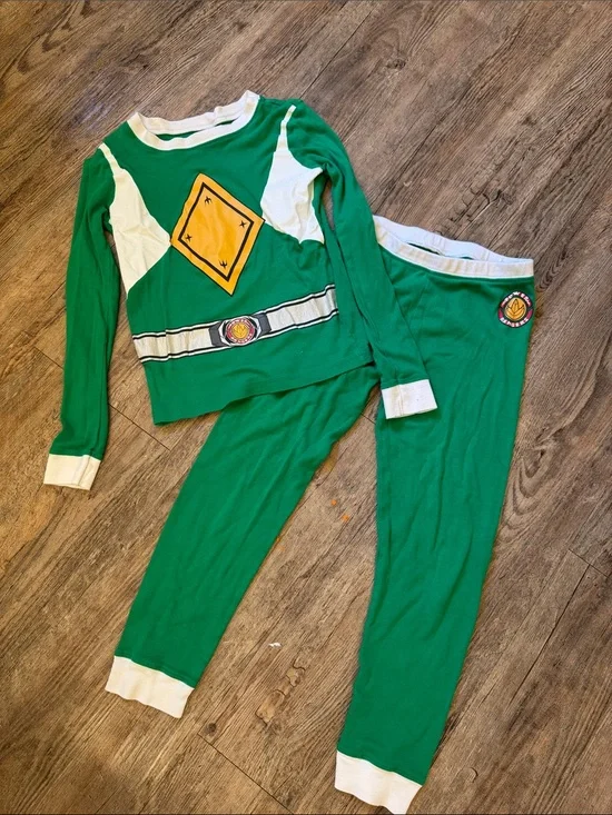 Power Ranger Green Pajama Set with Yellow Badge and White Trim