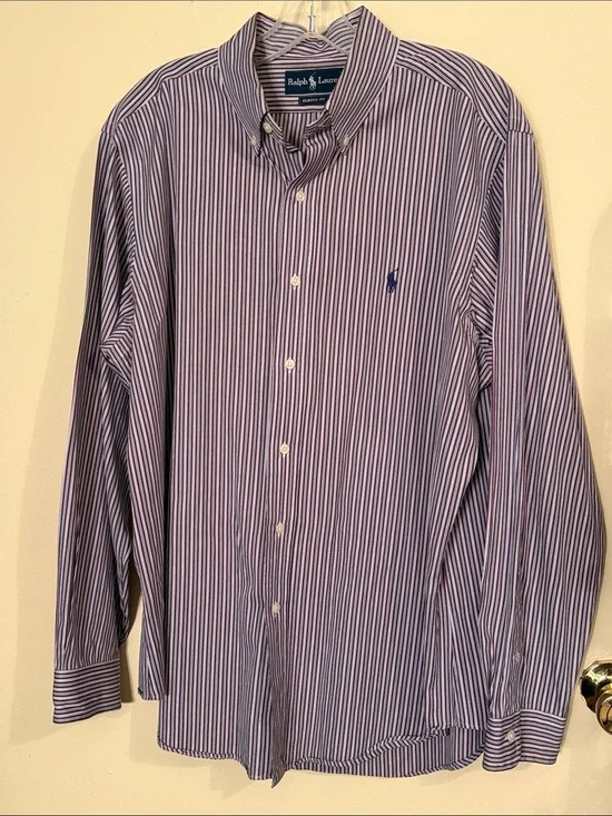 Polo by Ralph Lauren Purple & White Striped Button-Down Shirt with Navy Pony