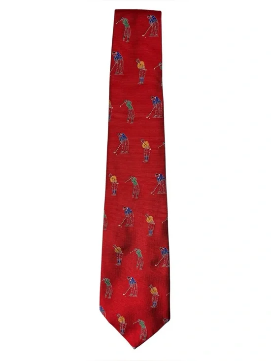 Vintage Polo Ralph Lauren Made in USA Golf Golfer Print 100% Silk Tie Red