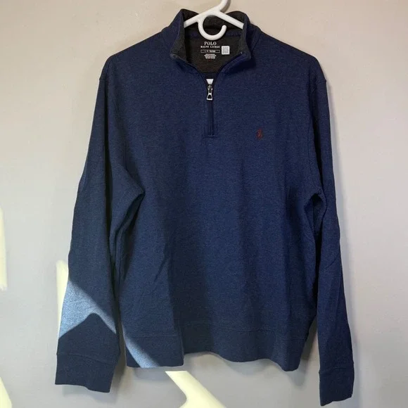 Polo Ralph Lauren Quarter Zip Mens Large Blue Heathered Cotton Blend Layering