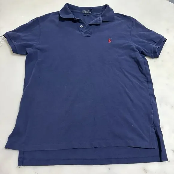 Ralph Lauren Men’s L Polo Shirt 100% Cotton Navy Blue Red Pony Logo Custom Fit