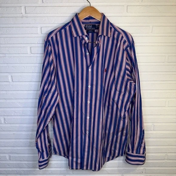 Polo Ralph Lauren Blue Striped Cotton Long Sleeve  Button Up, Men’s Size XL