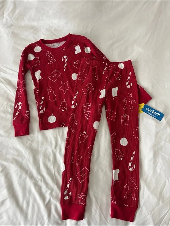 Carter's Red Holiday Print Thermal Pajama Set - Candy Cane & Gingerbread