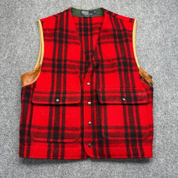 Vintage Polo Ralph Lauren Mens XL Red Black Plaid Wool Hunting Vest Leather Trim