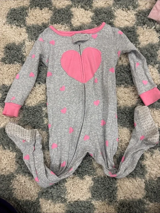 Carter's Gray Footed Pajamas with Pink Hearts and Center Heart Zip