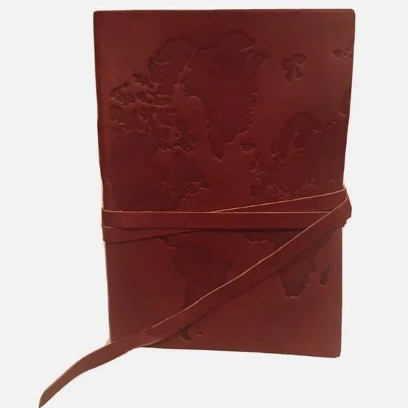 Manufactus World Map Journal Burgundy Leather Wrap Made in Italy