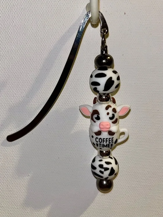 Charmingly Cute Cow ‘Coffee Time’ Bookmark w/White & Black Cow Print Accents