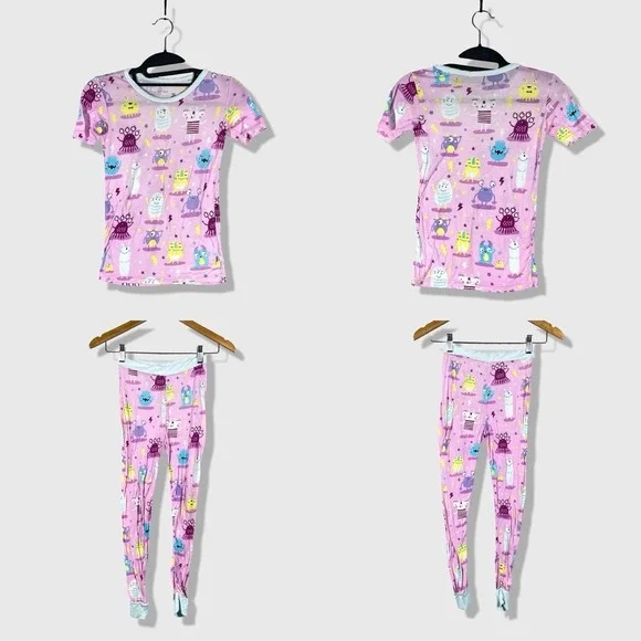 Little Sleepies Pajama Set Kids 5/6 Pink Monster Bamboo Viscose Sleepwear