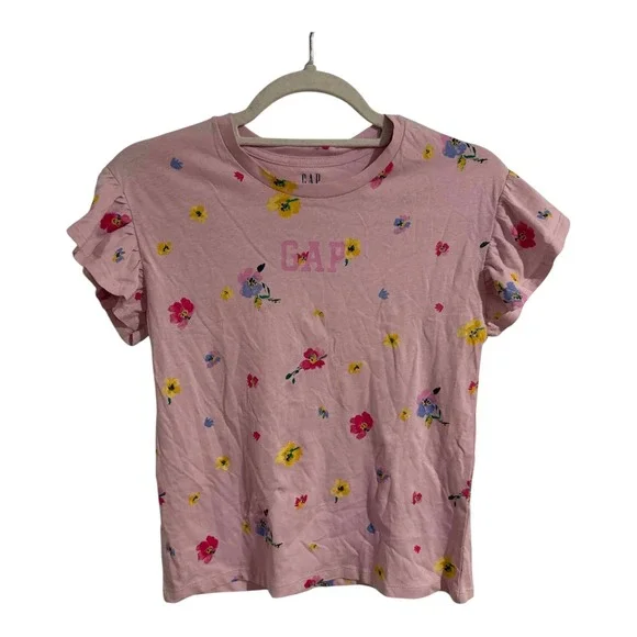 Gap Kids Girls Pink Floral Ruffle Flutter Sleeve Cotton T-Shirt Size L 10/12