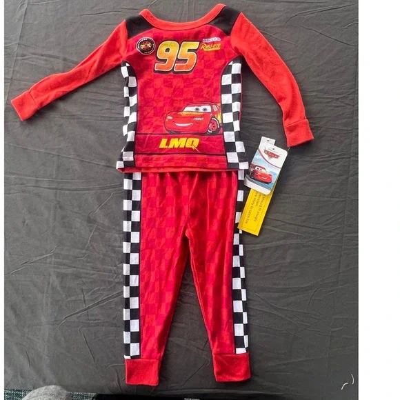 Disney Pixar Cars Lightning McQueen Pajama Set Red Checkered Kids Size 12M NWT