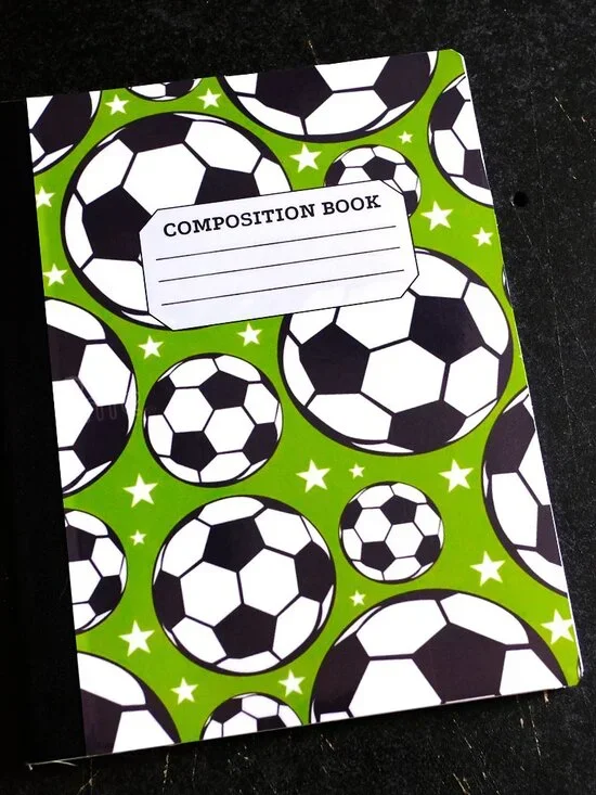 Custom Composition Notebook, Handmade, College, school, green, students, soccer