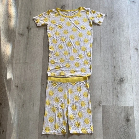 Little Sleepies Sun Pajama Set Lunaluxe Bamboo Yellow White Kids 12/14 Shortie