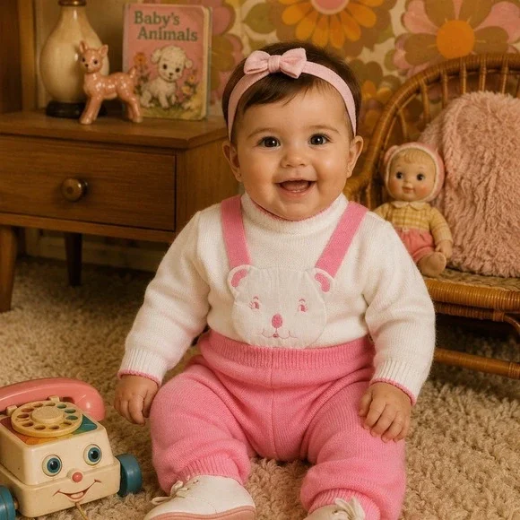 Vintage 1970s Baby Knit Outfit Girl Pink Bunny Suspender Pants Set Size 6-9M NOS
