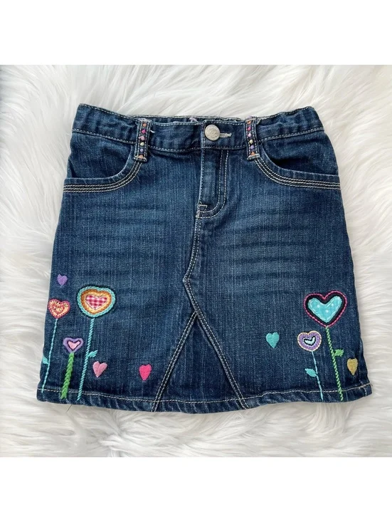 Gap Kids Embroidered Heart Flower Denim Skirt Girls 5 Adjustable Waist Cute