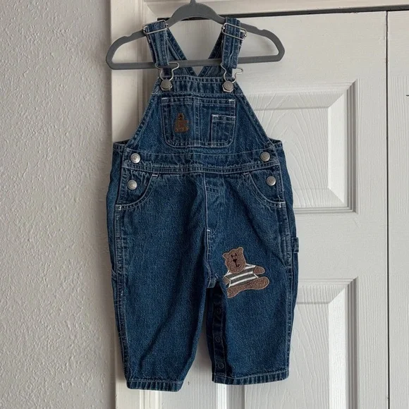 VINTAGE 1999 Baby GAP Blue Denim Overalls with Embroidered Bear Patches