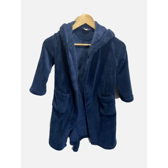 Lands' End Fleece Robe Kids 4 Navy Blue Hooded Plush Soft Loungewear Bathrobe‎