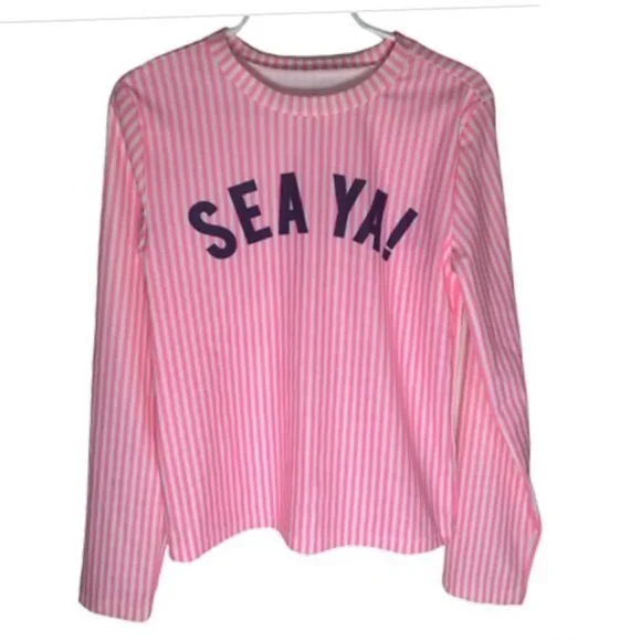 Gap Kids Sea Ya Graphic Rash Guard Swim Shirt Long Sleeves Pink White Stripes XX