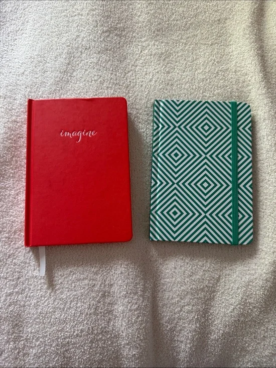 Red 'Imagine' Hardcover Journal and Green Geometric Elastic Notebook