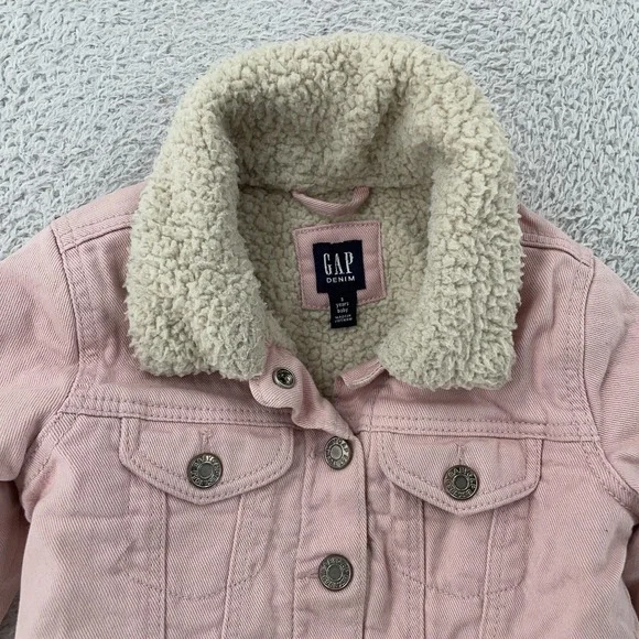 GAP Denim‎ Jacket Baby Girls 3 Years Pink Sherpa Lined Collar Trucker Coat