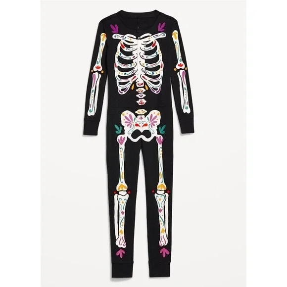 SKELETON Pajamas With Decorative Colors Patterns Unisex LARGE YOUTH 1-Piece