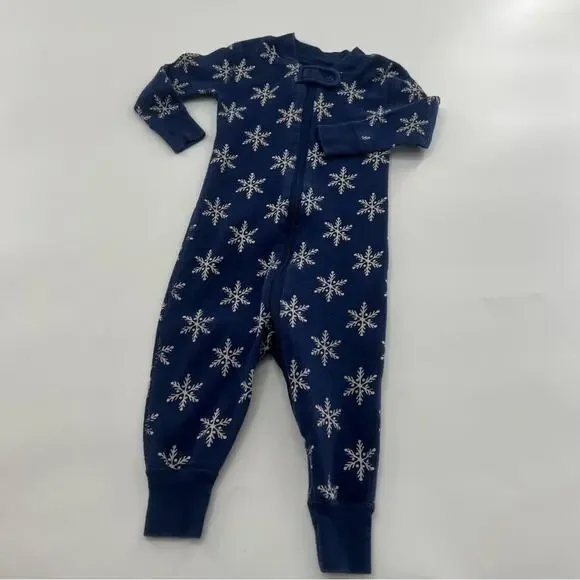 Hanna Andersson Navy Blue Baby Onesie Pajamas Zip Up Snowflakes Snow Christmas