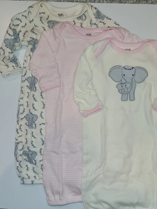 3-Pack Baby Girls Organic Cotton Pink & White Elephant Gown Sleepers 0-6 Months