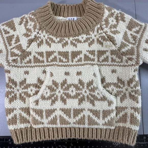 Gap Fair Isle Sweater Kids 3-6 Months Tan Good Wool Blend Snowflake Knit 2002
