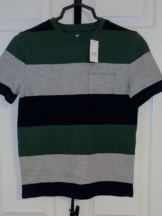 GAP Men’s Green, Gray & Black Wide-Stripe Short Sleeve Pocket Tee