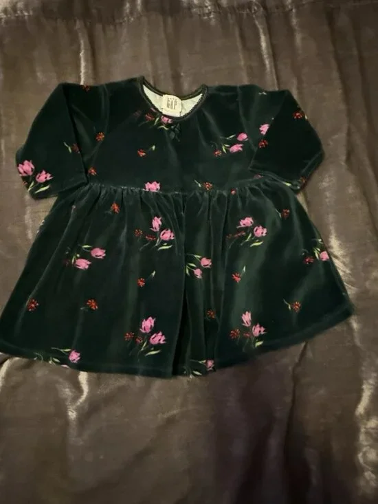 Vintage 90s Baby Gap Long Sleeve Dark Green Velvet Floral Dress 6-12 Months