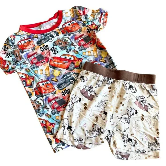 Bamboo Bliss Boutique Disney Cars & 101 Dalmatians PJs Shorts & Top, Sz 12-18 Mo