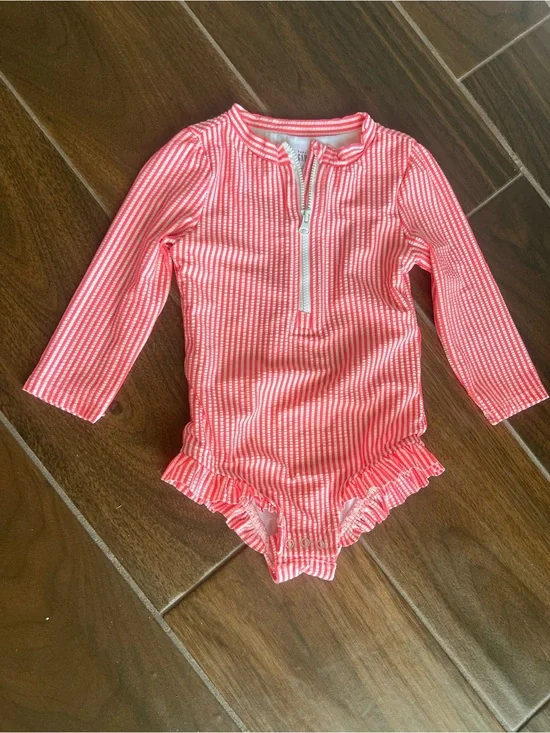GAP Girls Coral and White Striped Long-Sleeve One-Piece Swim