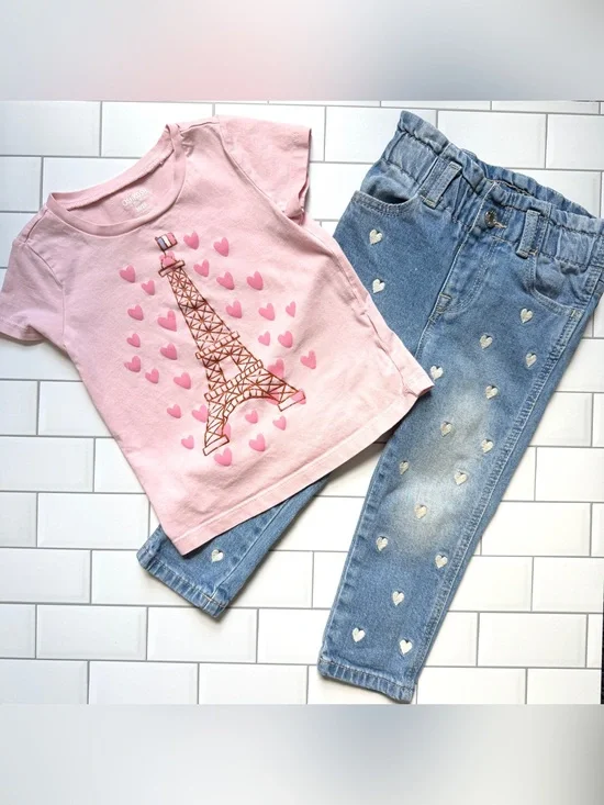 💗18-24M🇫🇷 GAP Girls j’adore Paris Eiffel Tower Tee & Embroidered Heart Jeans