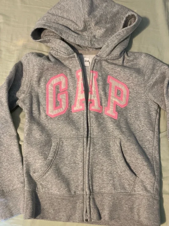 GAP Kids Gray Zip Hoodie with Pink Lettering