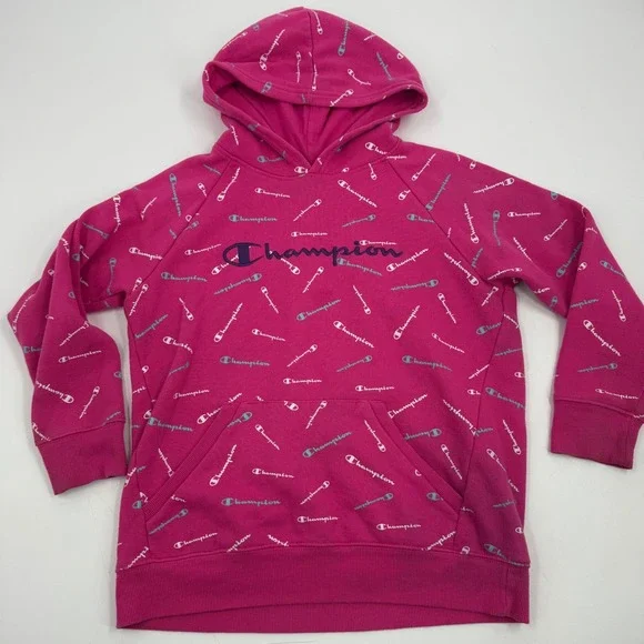 Champion All Over Logo Hoodie Pink Authentic Athleticwear‎ Girls XL
