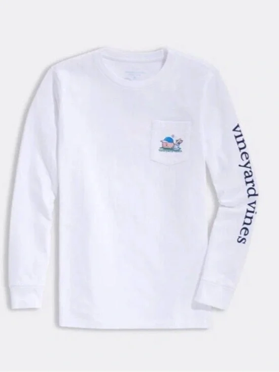 Vineyard Vines White Long Sleeve Pocket Tee with Navy Sleeve Logo, XL (18)