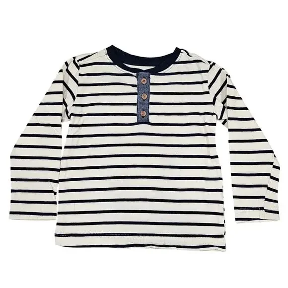 PEKKLE TODDLER LONG‑SLEEVE STRIPED HENLEY TOP – NAVY/WHITE – SIZE 2T