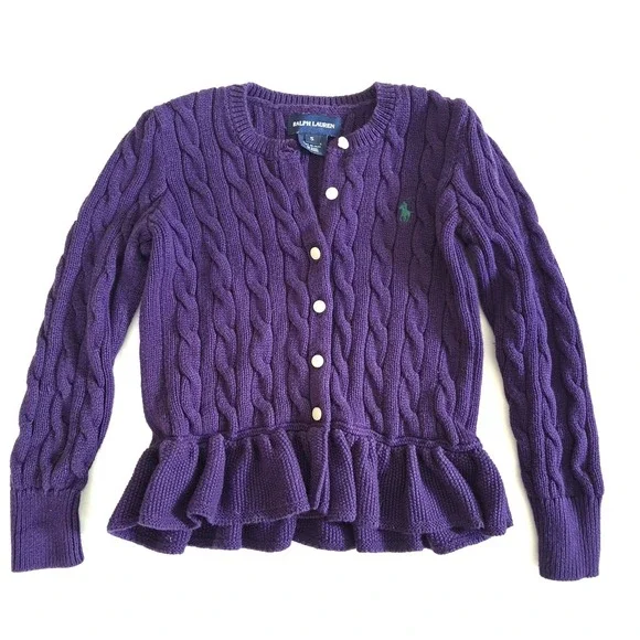 Ralph Lauren Girls Purple Cable Knit Peplum Cardigan Sweater Kids Size 5