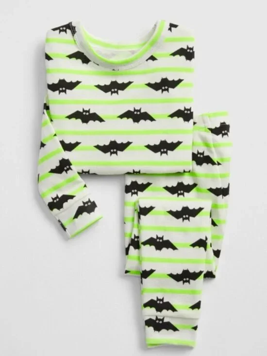 baby GAP Bat Print PJ Set Pajama Set Green Stripes with Black Bats 12-18 mo