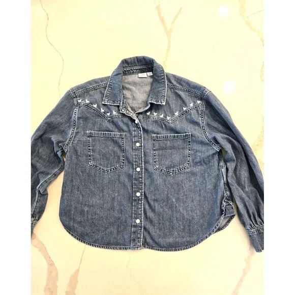 ​GAP Kids L 10 Embroidered Hearts Western Chambray Denim Shirt Kids Girls Snap