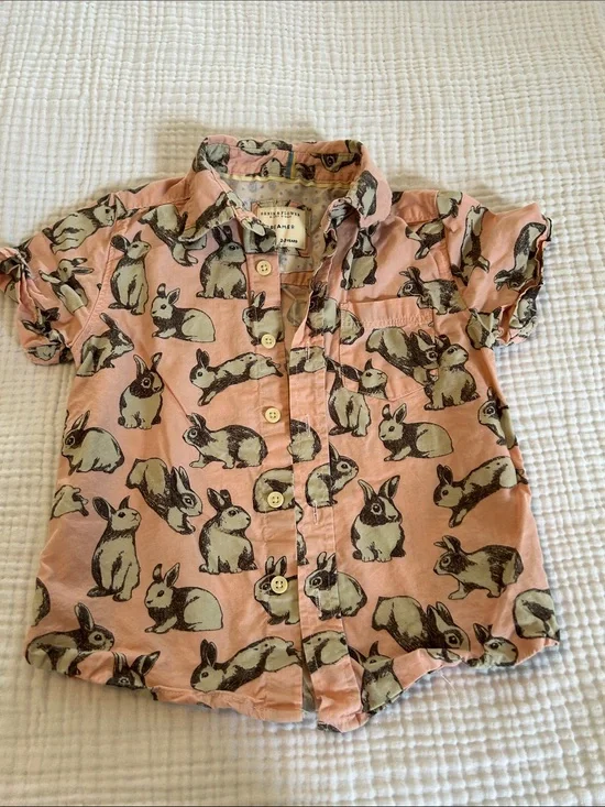 Denim & Flower Peach Pink Bunny Print Short Sleeve Button-Down Shirt