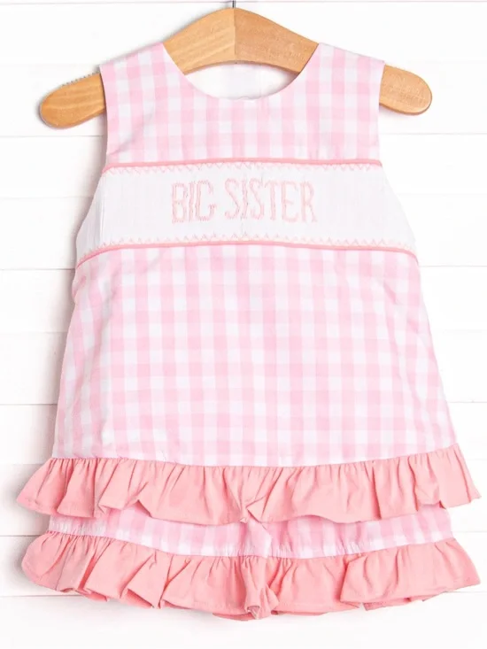 Stitchy Fish Pink Gingham Big Sister Top