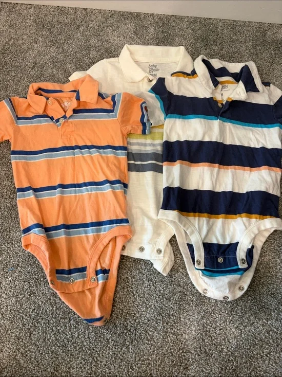3 OshKosh B'gosh Striped Polo Bodysuits in Orange, White, Navy