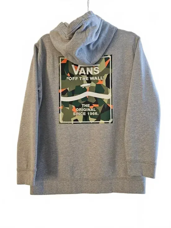 Kid's Vans Grey Pullover Hoodie with Camo Logo Print & Kangaroo Pocket, Size XL