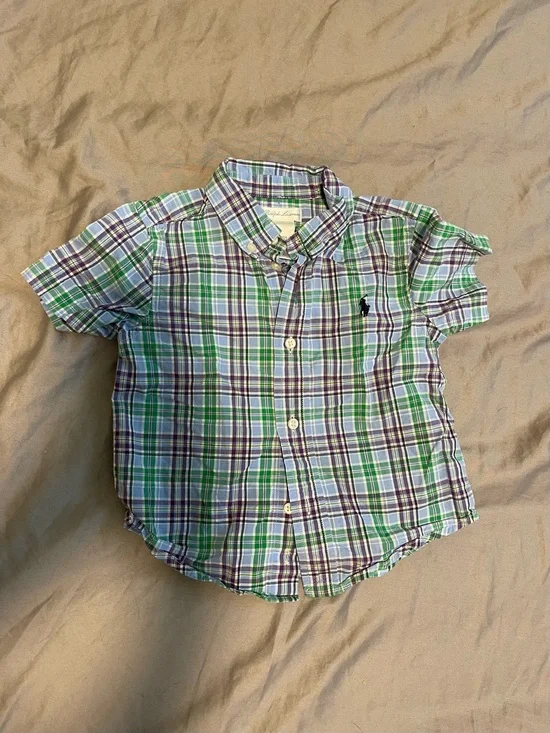 Ralph Lauren Green, Blue, & Purple Plaid Short-Sleeve Button-Down Shirt - Kids