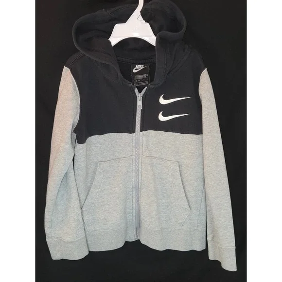 Nike Kids Gray Black Full‎ Zip Hoodie XS Double Swoosh Sweatshirt Activewear