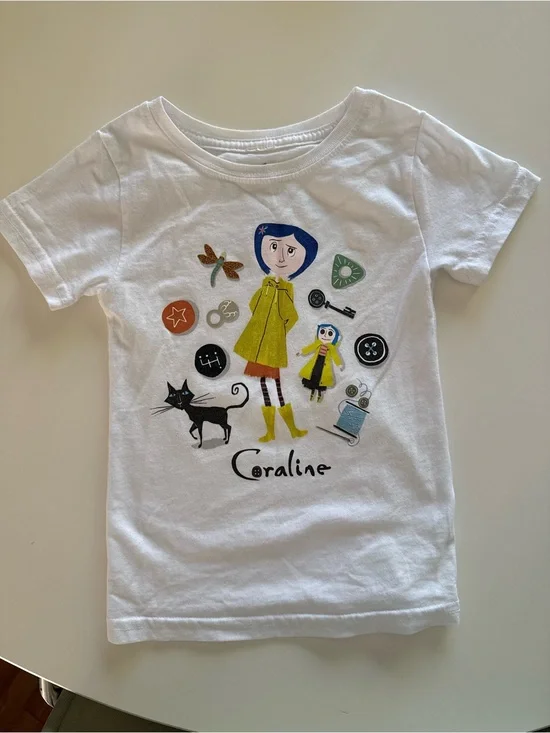 Coraline Graphic White Kids Tee with Yellow Details