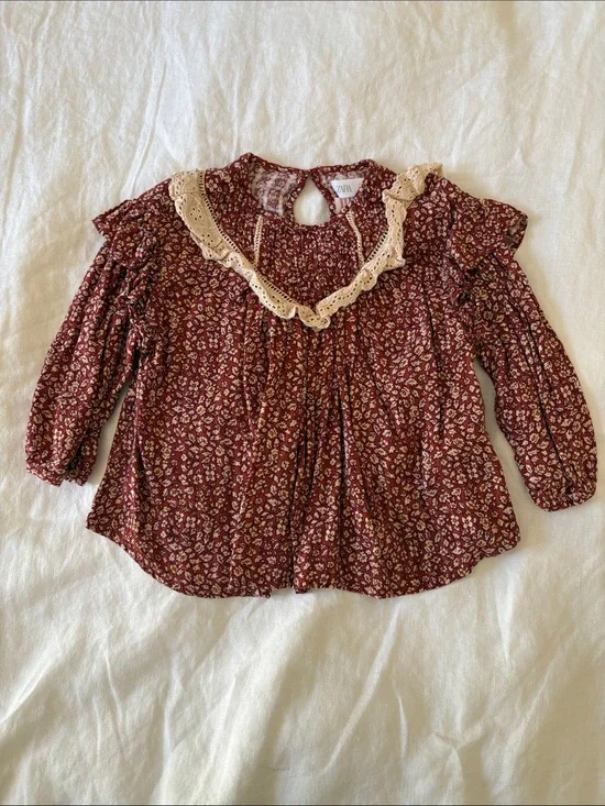 Zara Toddler Girls' Burgundy Floral Lace Yoke Blouse