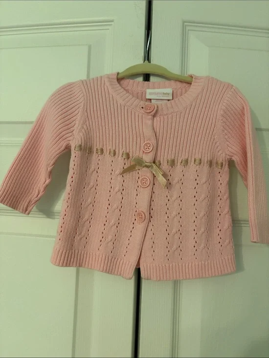 OshKosh B'gosh Pink Button Down Knit Cardigan with Gold Bow Ribbon Trim-6 Months