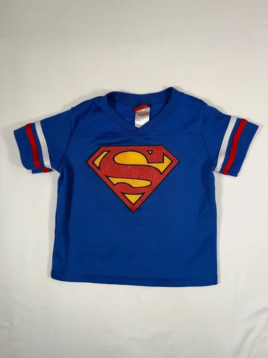 SUPERMAN Football Jersey T-Shirt Toddler 4T Short Sleeve Graphic Tee Superhero