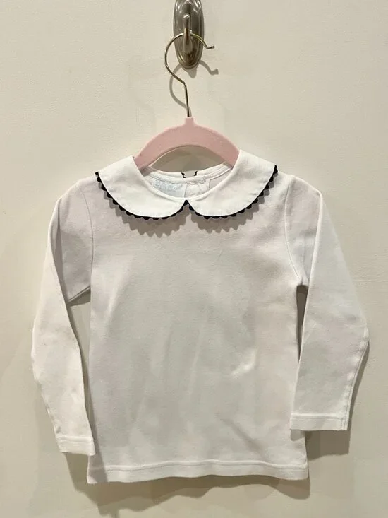 Girls White Peter Pan Collar shirt with Navy Ric Rac Trim - Sz 24 mo.